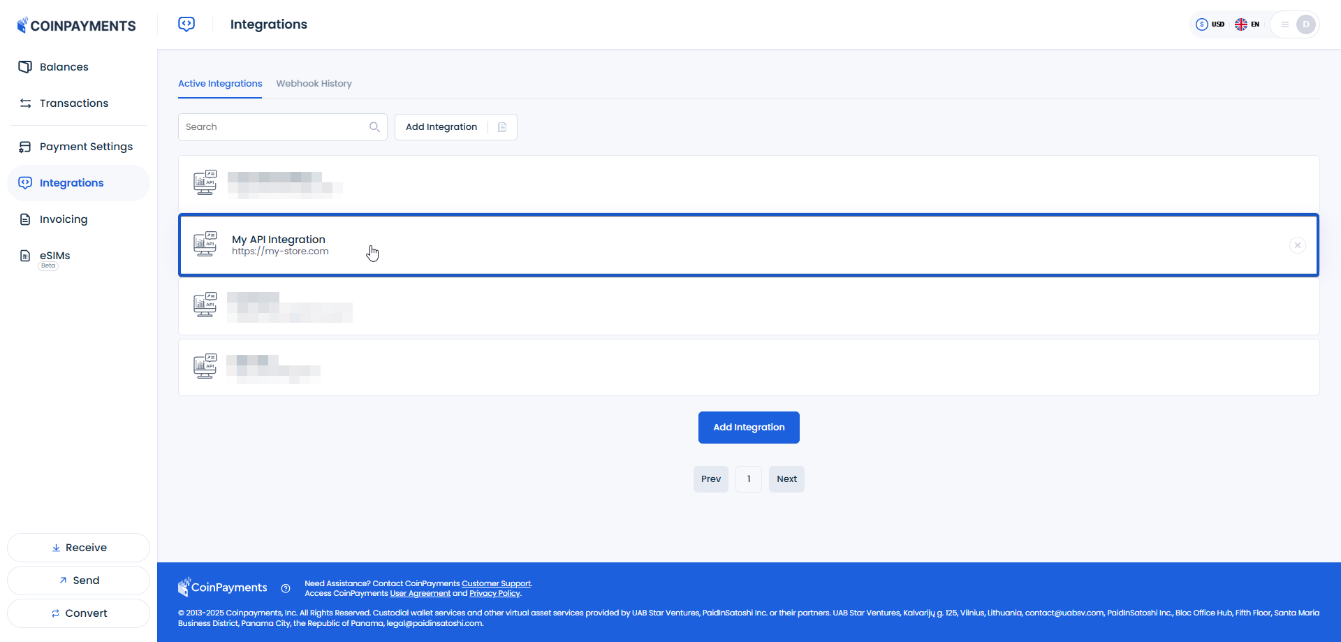 Integrations page with integration highlighted