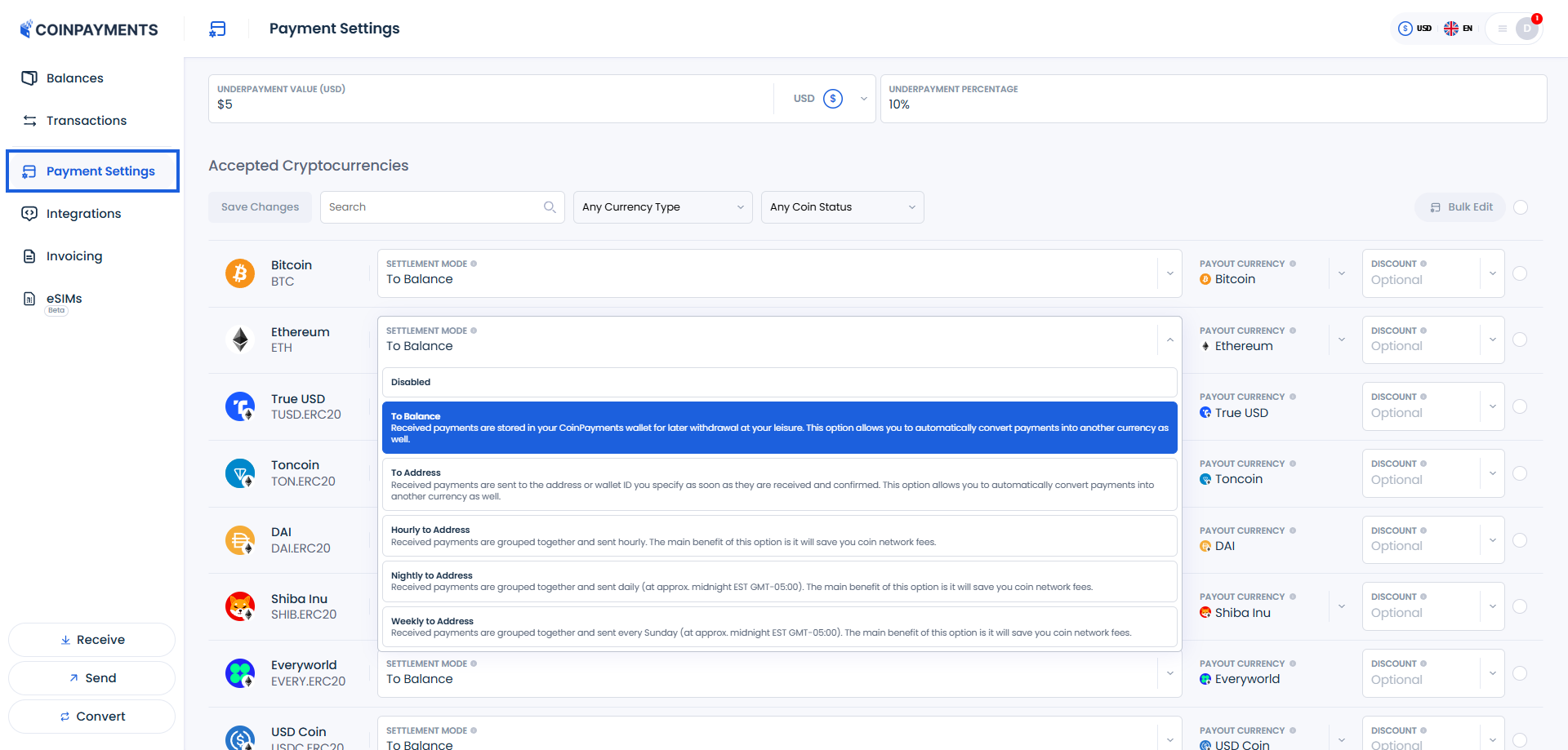 Payment Settings